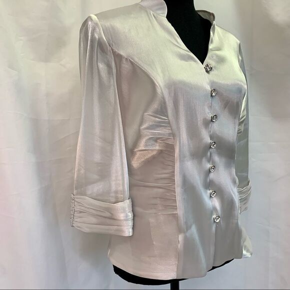 Laura Petites Silver pearl shiny coloured evening formal blouse size 10P - Picture 2 of 9